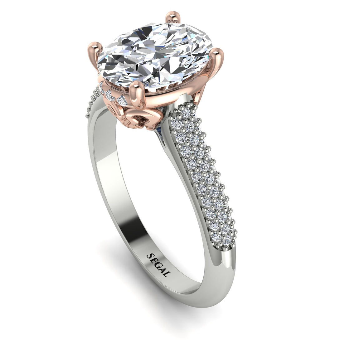 Two Tones Luxury Pave Oval Cut Diamond Engagement Ring With Hidden Stone - Ophelia No. 78