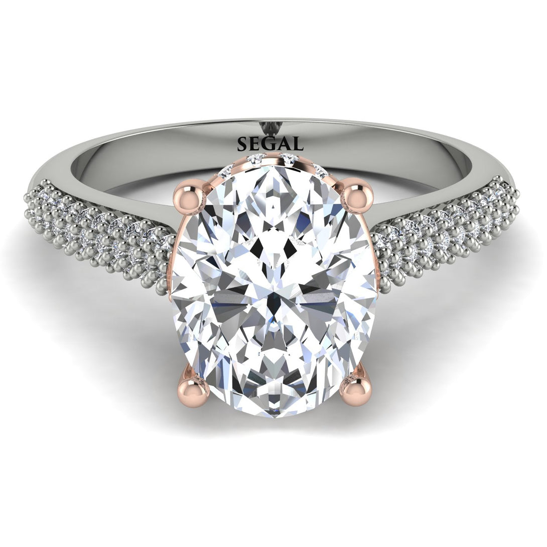 Two Tones Luxury Pave Oval Cut Diamond Engagement Ring With Hidden Stone - Ophelia No. 78
