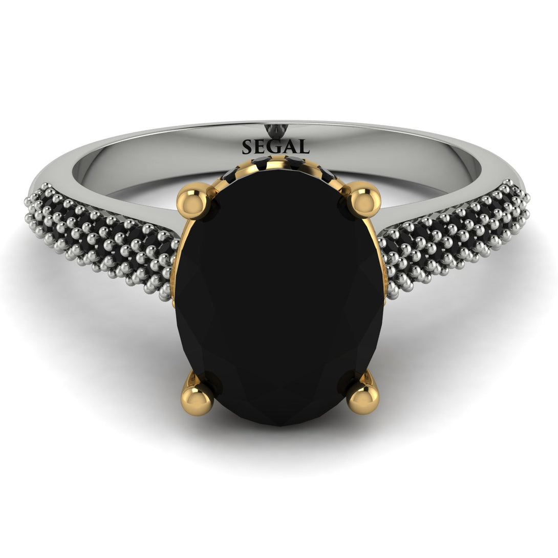 Two Tones Luxury Pave Oval Cut Black Diamond Engagement Ring With Hidden Stone - Ophelia No. 80