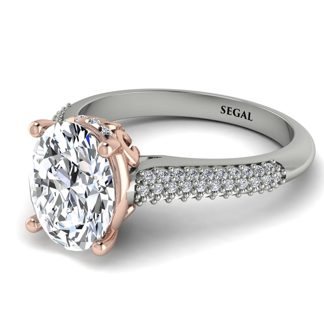 Two Tones Luxury Pave Oval Cut Diamond Engagement Ring With Hidden Stone - Ophelia No. 78