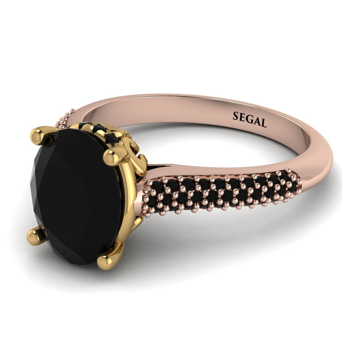 Two Tones Luxury Pave Oval Cut Black Diamond Engagement Ring With Hidden Stone - Ophelia No. 79