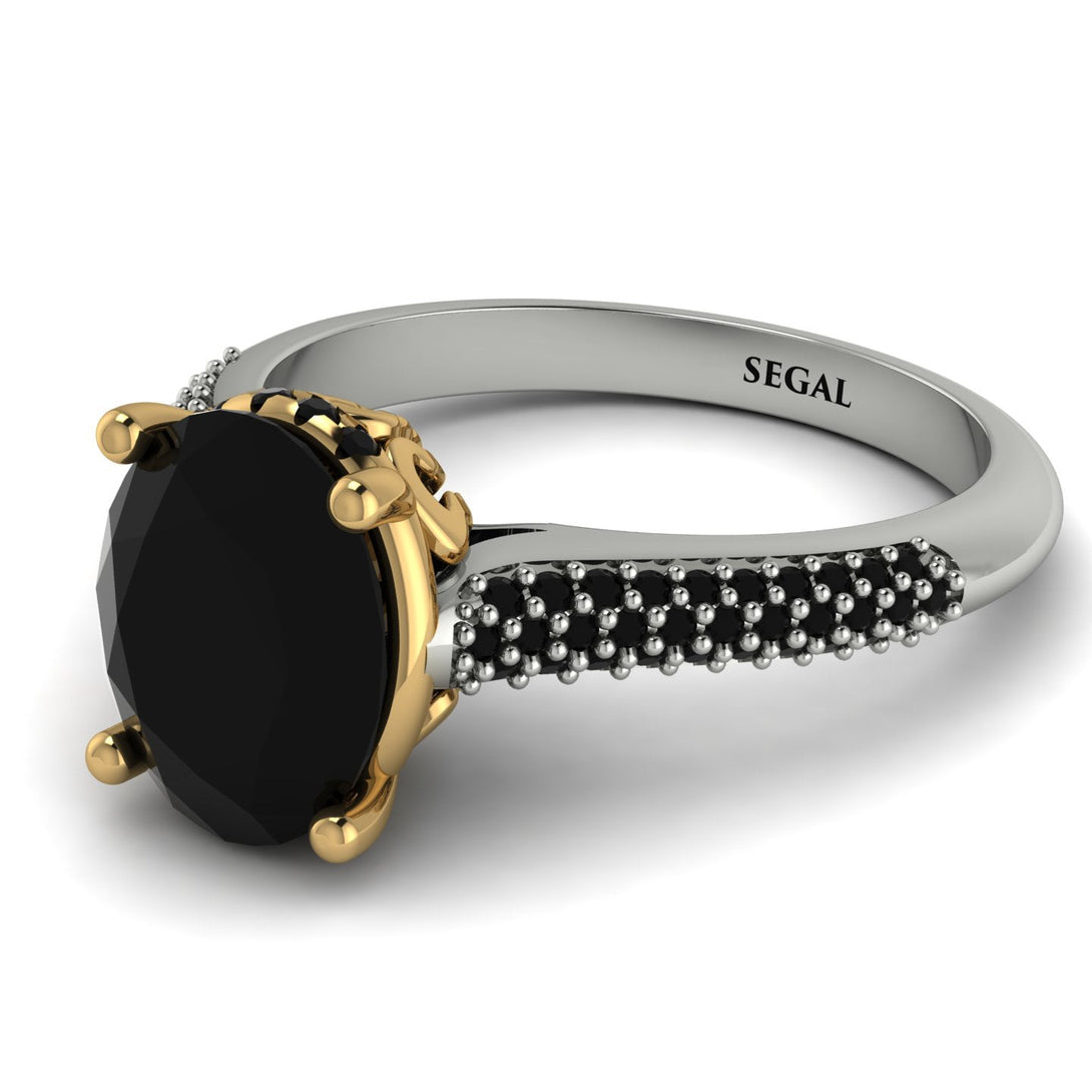 Two Tones Luxury Pave Oval Cut Black Diamond Engagement Ring With Hidden Stone - Ophelia No. 80