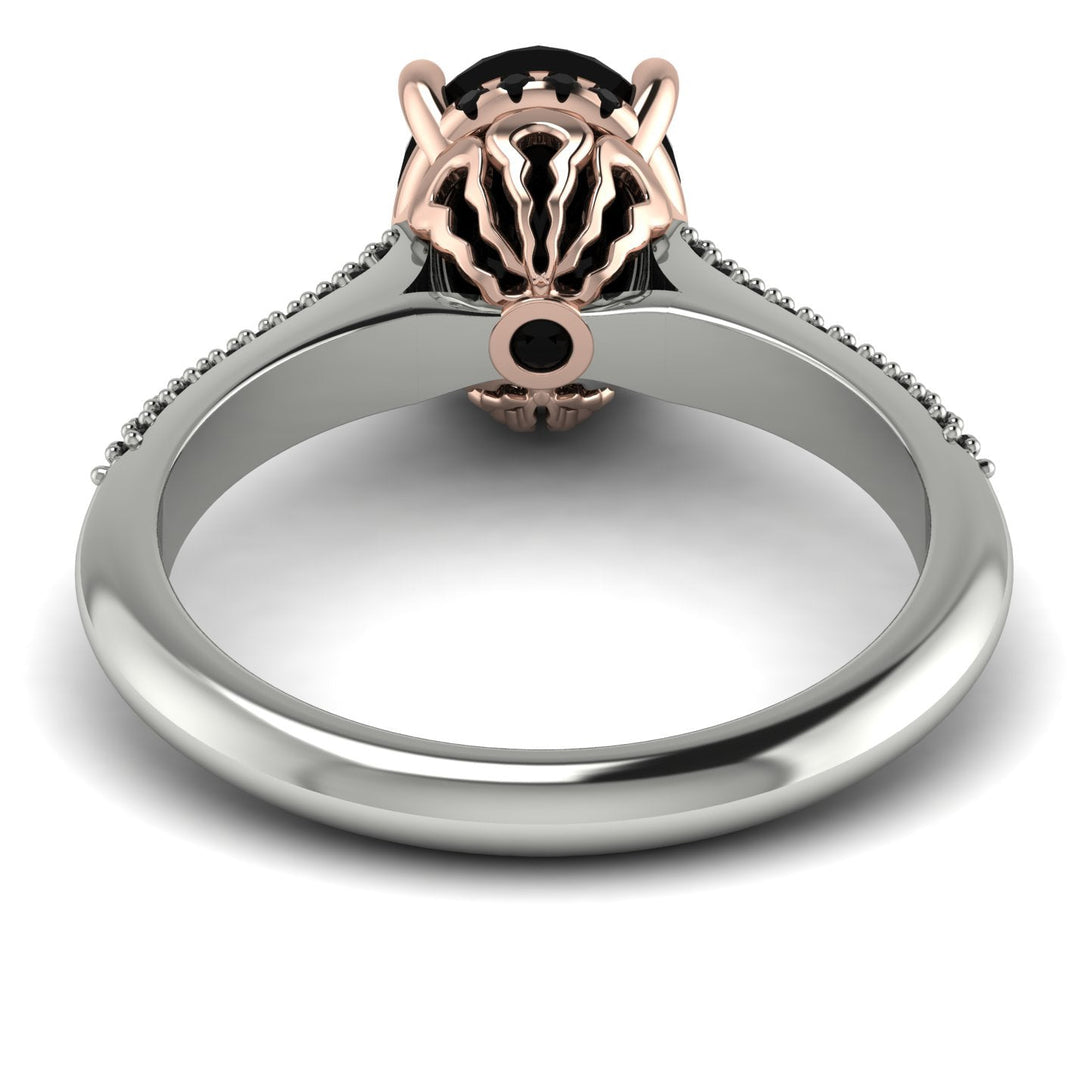 Two Tones Luxury Pave Oval Cut Black Diamond Engagement Ring With Hidden Stone - Ophelia No. 81