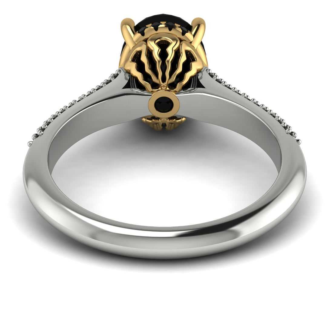 Two Tones Luxury Pave Oval Cut Black Diamond Engagement Ring With Hidden Stone - Ophelia No. 80