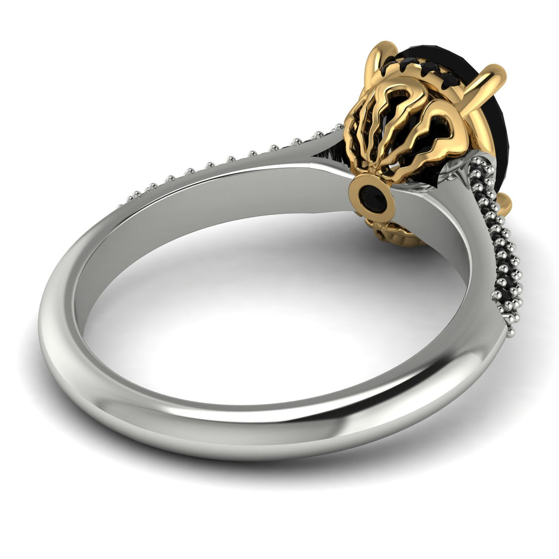 Two Tones Luxury Pave Oval Cut Black Diamond Engagement Ring With Hidden Stone - Ophelia No. 80