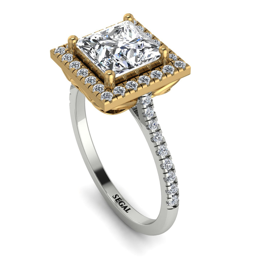 Two Tones Gorgeous Princess Cut Diamond Pave Engagement Ring With Hidden Stone - Margot No. 77