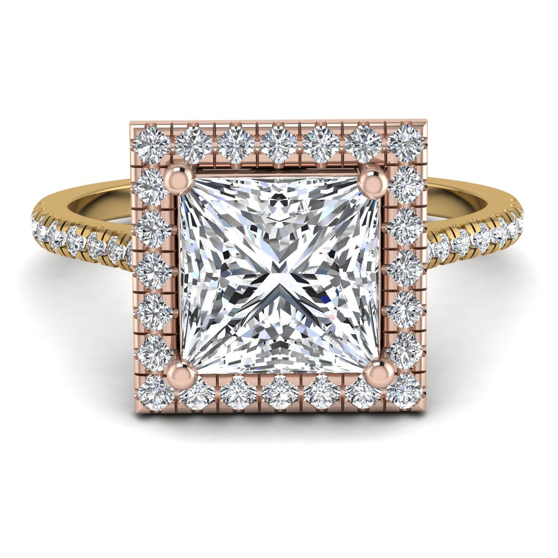 Two Tones Gorgeous Princess Cut Diamond Pave Engagement Ring With Hidden Stone - Margot No. 76