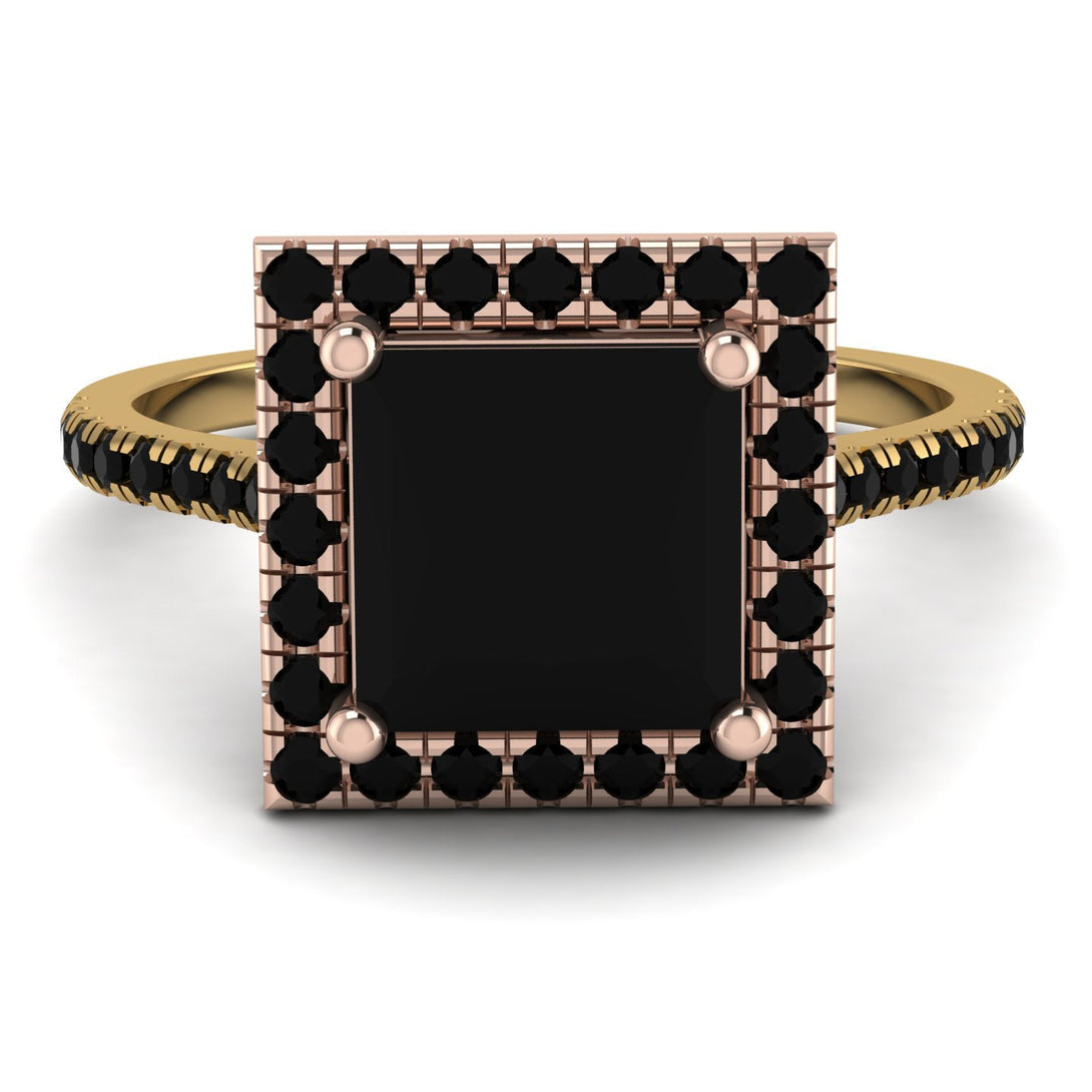Two Tones Gorgeous Princess Cut Black Diamond Pave Engagement Ring With Hidden Stone - Margot No. 79