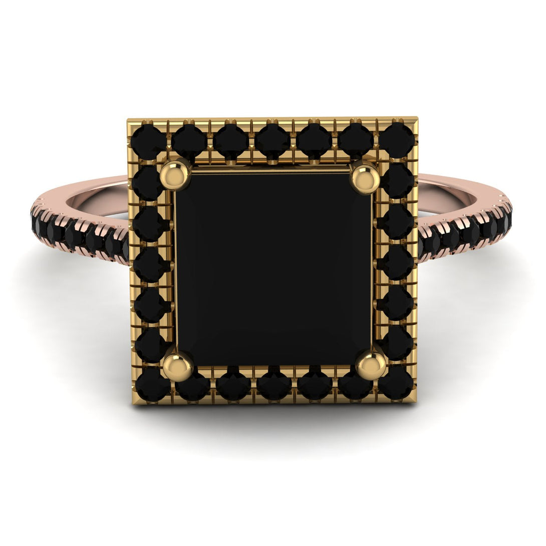 Two Tones Gorgeous Princess Cut Black Diamond Pave Engagement Ring With Hidden Stone - Margot No. 79