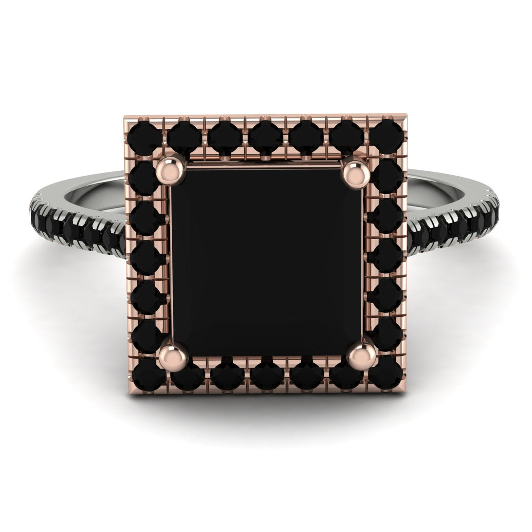 Two Tones Gorgeous Princess Cut Black Diamond Pave Engagement Ring With Hidden Stone - Margot No. 81