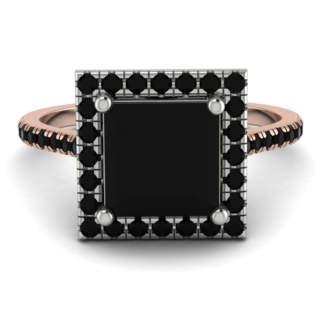 Two Tones Gorgeous Princess Cut Black Diamond Pave Engagement Ring With Hidden Stone - Margot No. 81