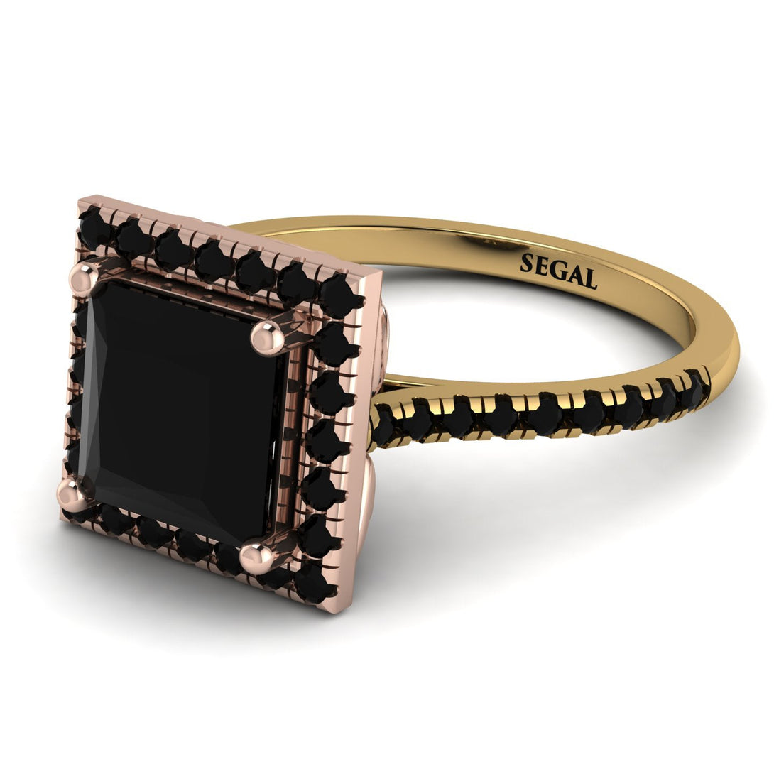 Two Tones Gorgeous Princess Cut Black Diamond Pave Engagement Ring With Hidden Stone - Margot No. 79