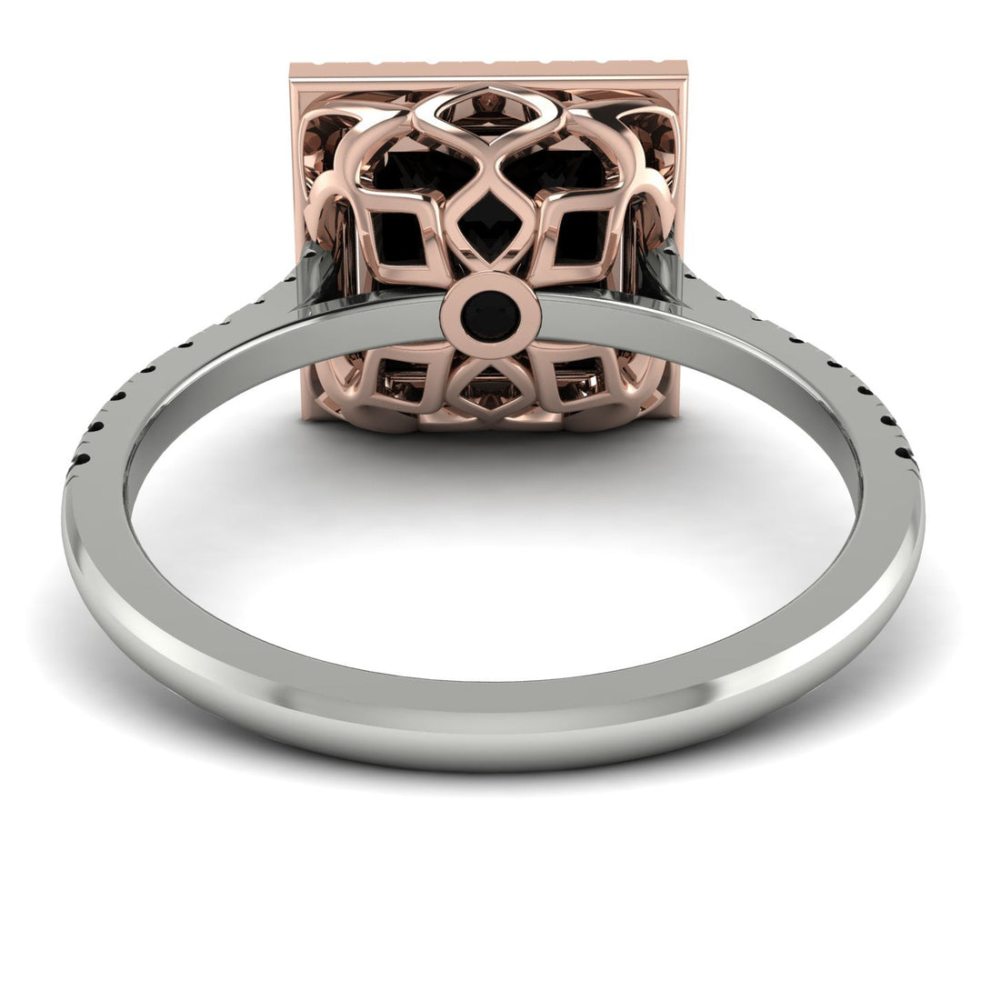 Two Tones Gorgeous Princess Cut Black Diamond Pave Engagement Ring With Hidden Stone - Margot No. 81