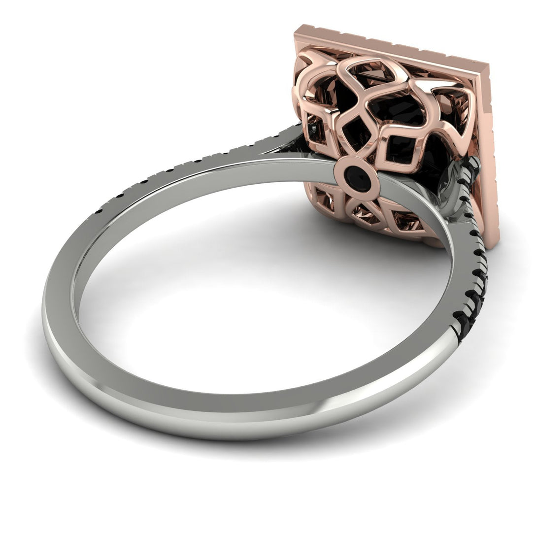 Two Tones Gorgeous Princess Cut Black Diamond Pave Engagement Ring With Hidden Stone - Margot No. 81