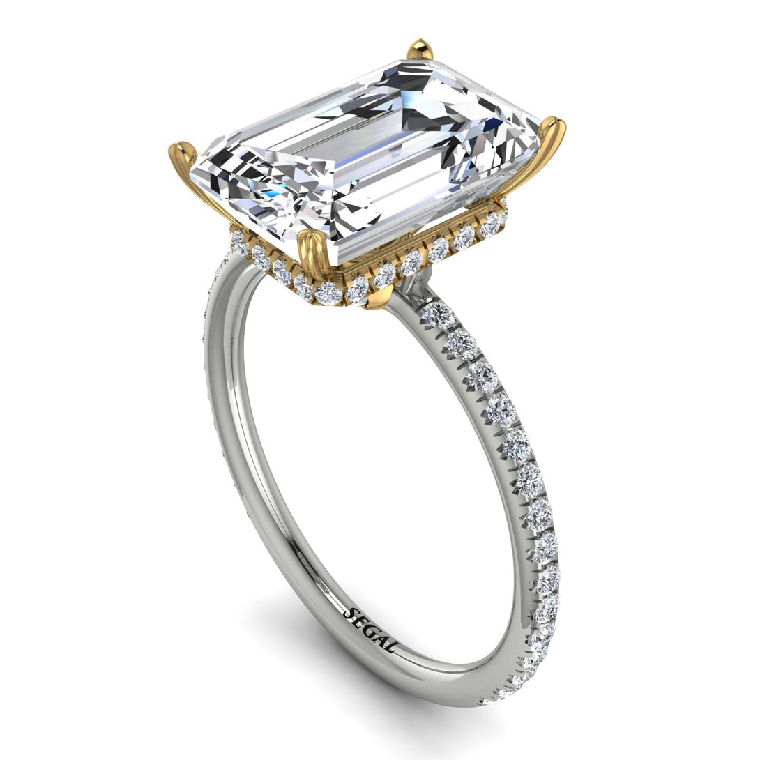 Two Tones Hidden Halo Emerald Cut Diamond Engagement Ring - Melodi No. 77