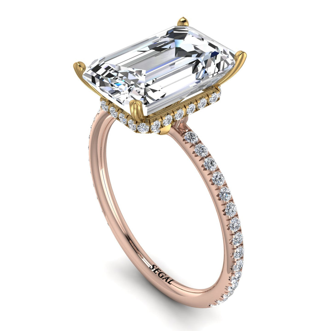 Two Tones Hidden Halo Emerald Cut Diamond Engagement Ring - Melodi No. 76