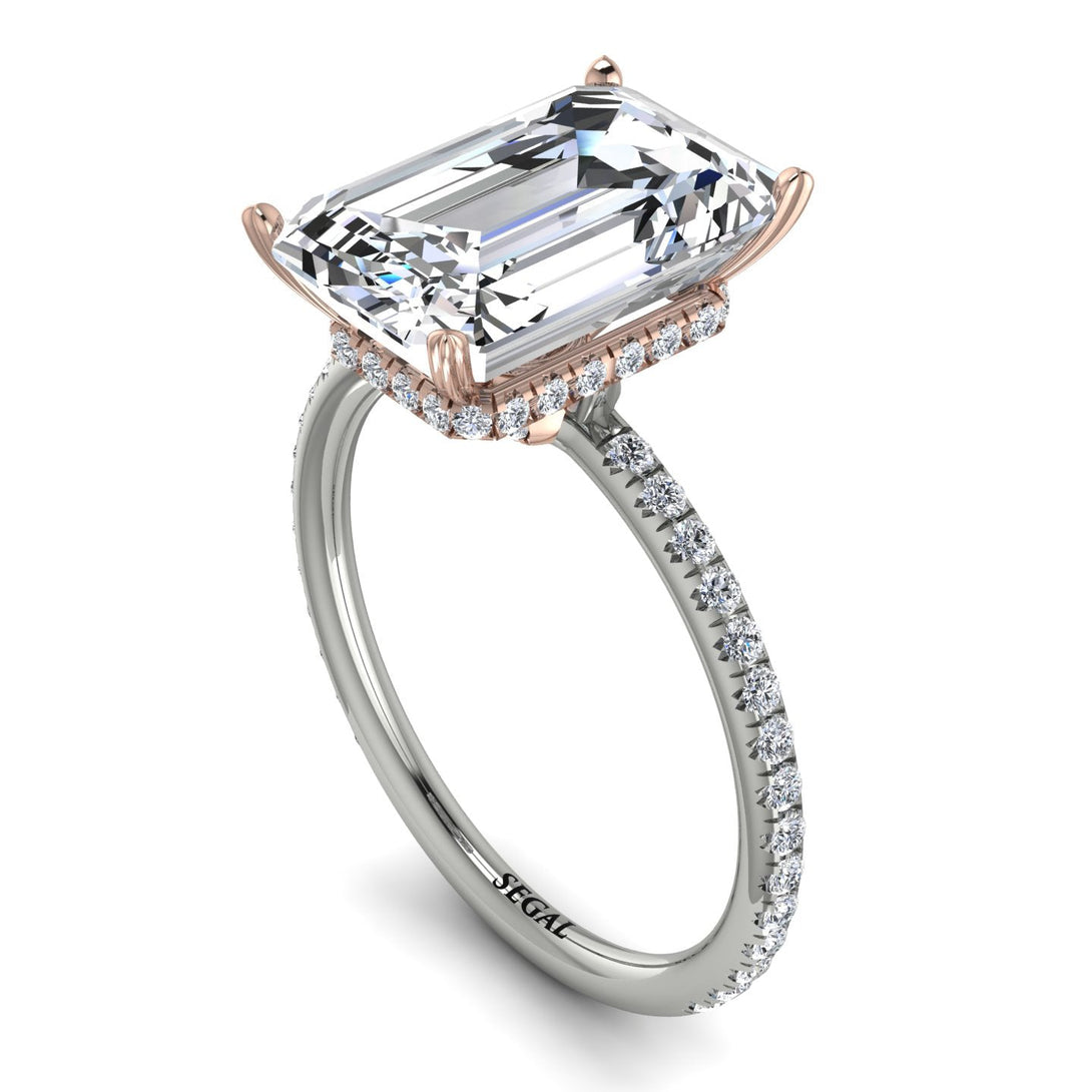 Two Tones Hidden Halo Emerald Cut Diamond Engagement Ring - Melodi No. 78