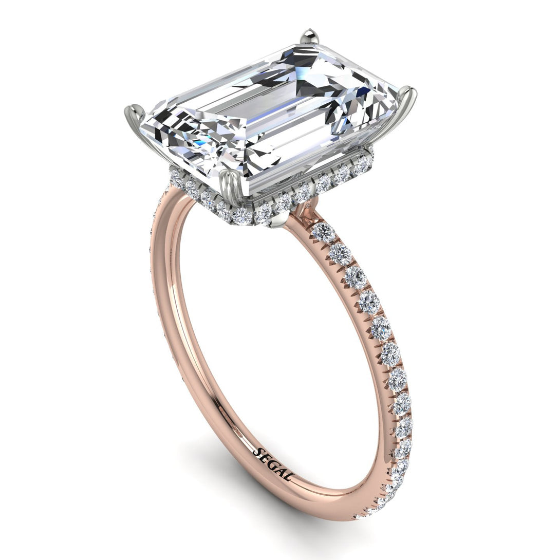 Two Tones Hidden Halo Emerald Cut Diamond Engagement Ring - Melodi No. 78