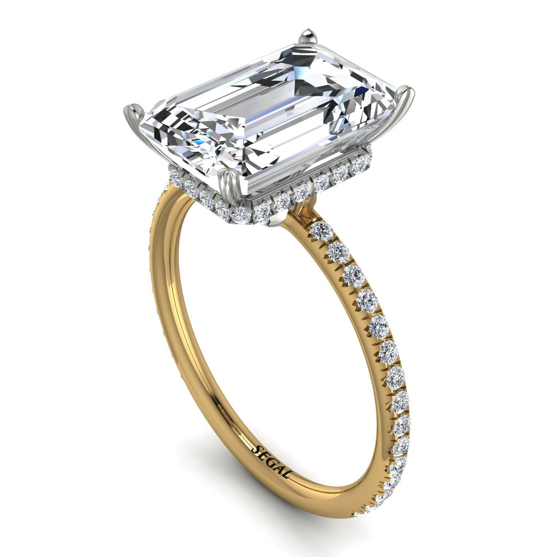 Two Tones Hidden Halo Emerald Cut Diamond Engagement Ring - Melodi No. 77