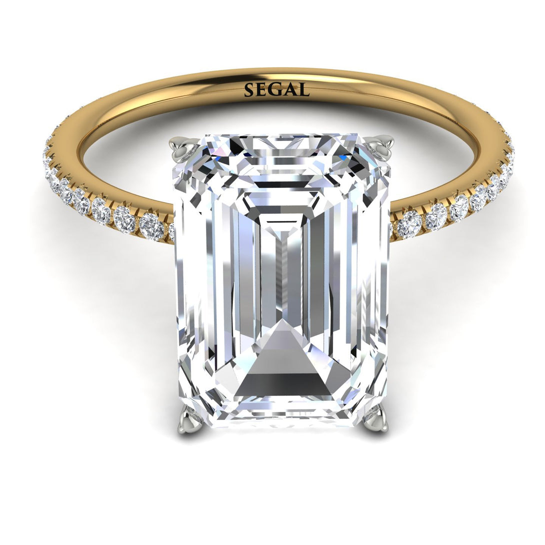 Two Tones Hidden Halo Emerald Cut Diamond Engagement Ring - Melodi No. 77