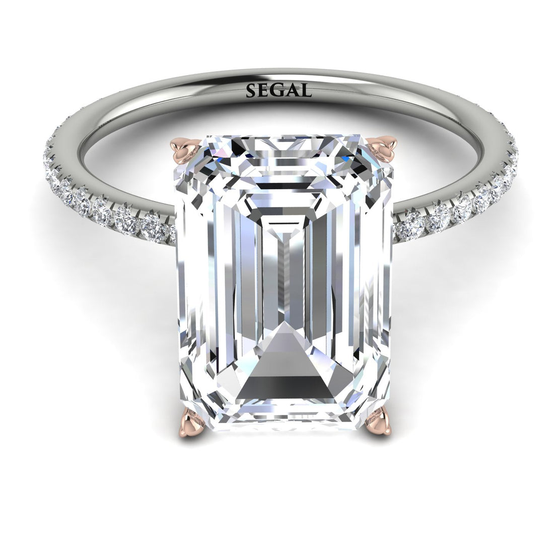 Two Tones Hidden Halo Emerald Cut Diamond Engagement Ring - Melodi No. 78