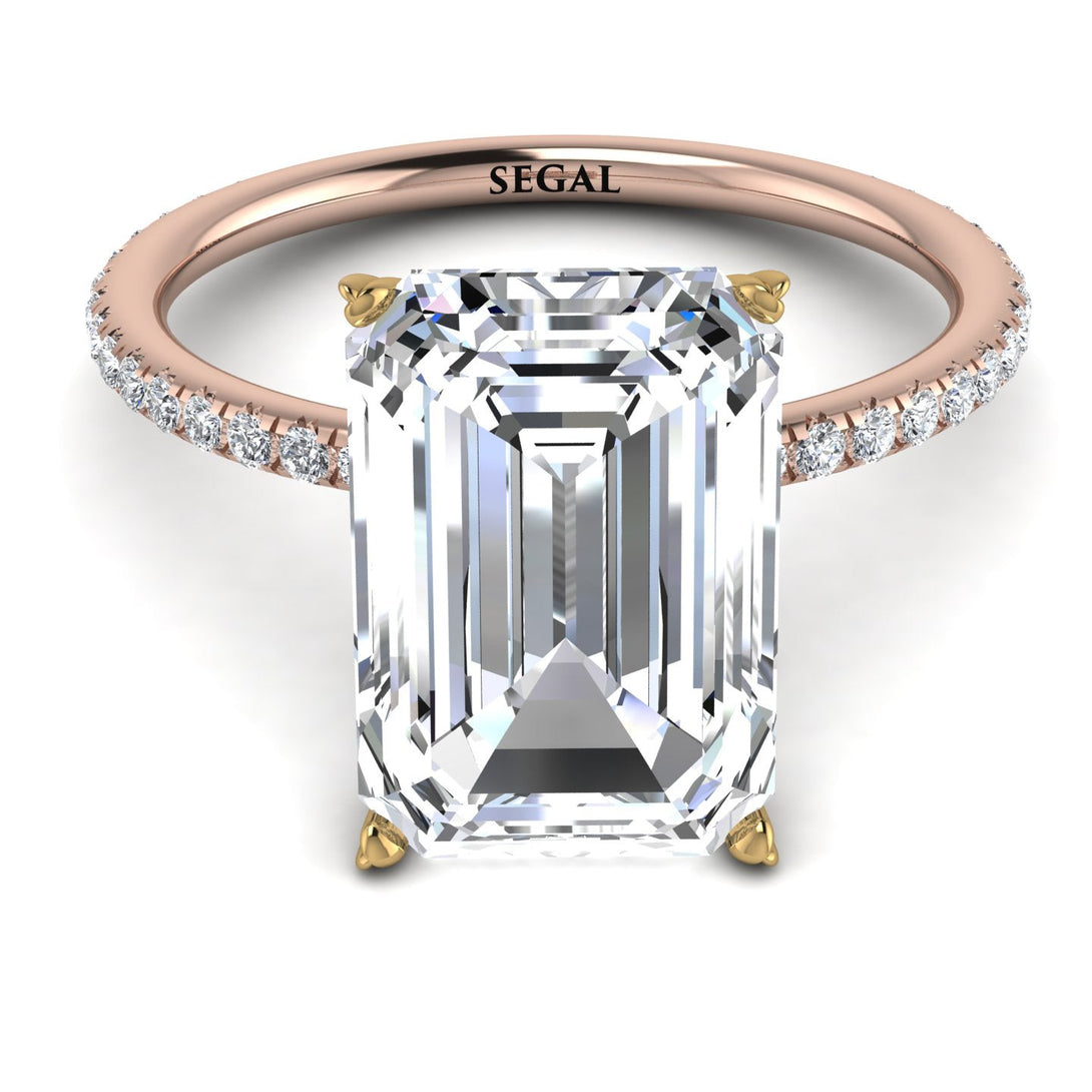 Two Tones Hidden Halo Emerald Cut Diamond Engagement Ring - Melodi No. 76