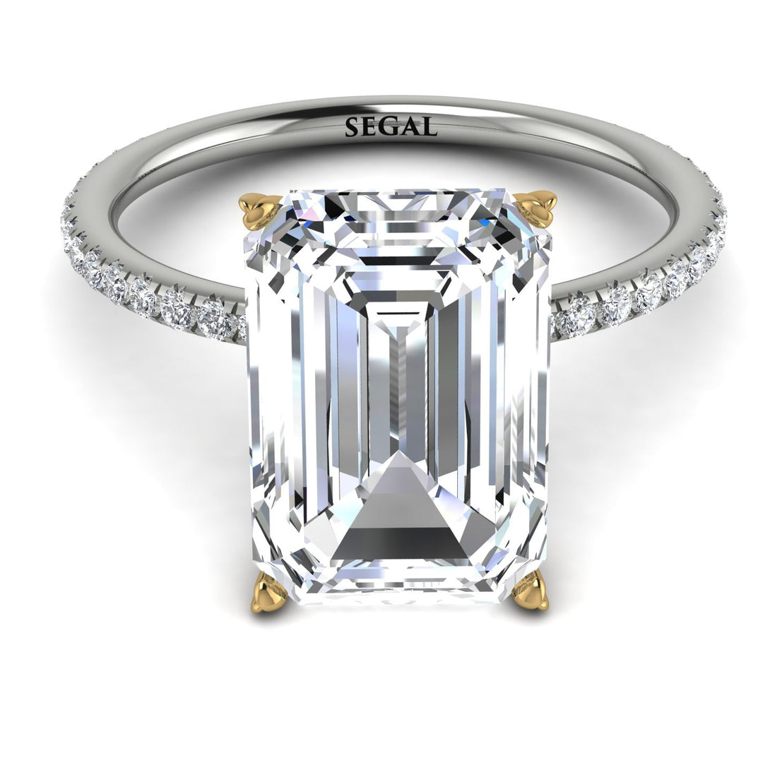 Two Tones Hidden Halo Emerald Cut Diamond Engagement Ring - Melodi No. 77