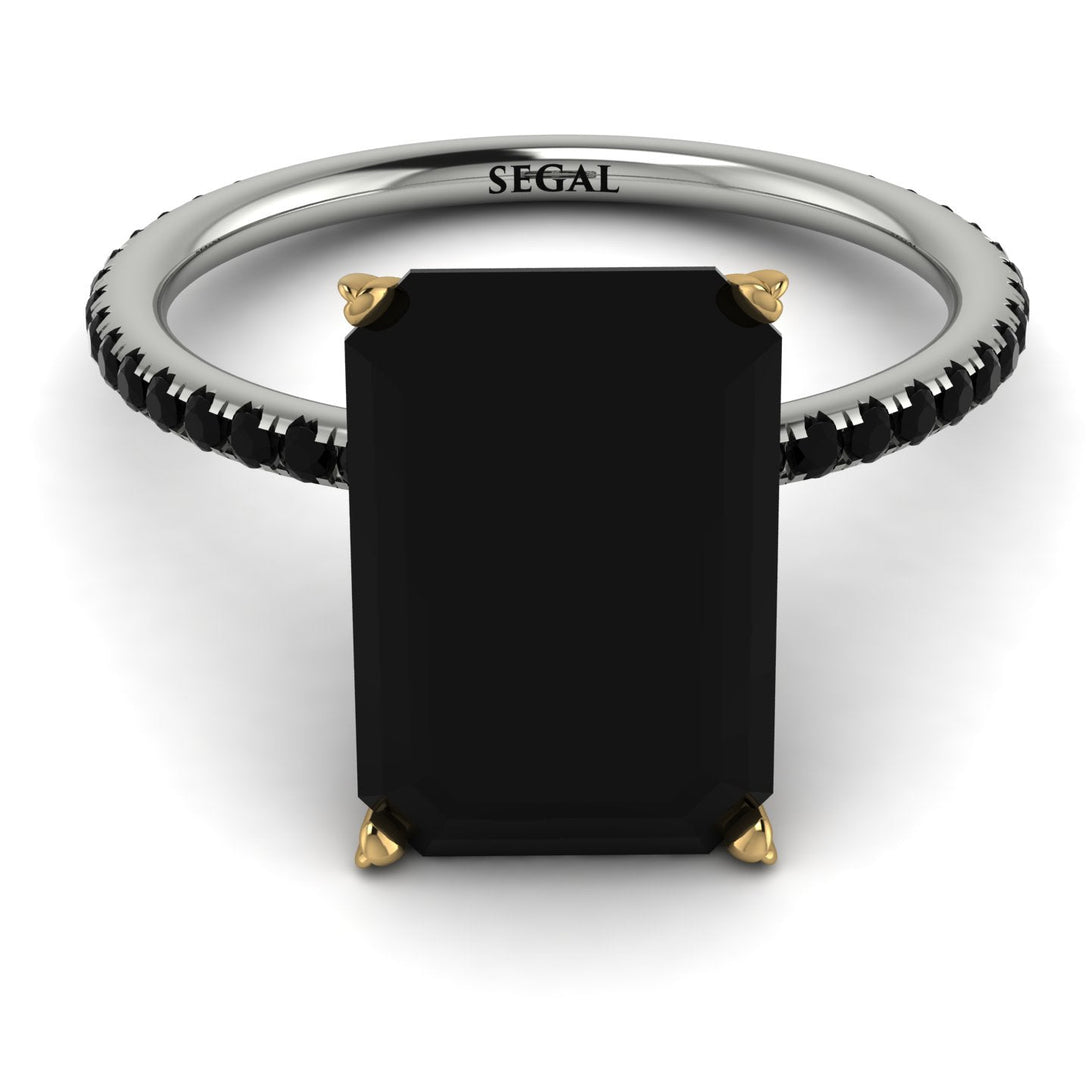 Two Tones Hidden Halo Emerald Cut Black Diamond Engagement Ring - Melodi No. 80