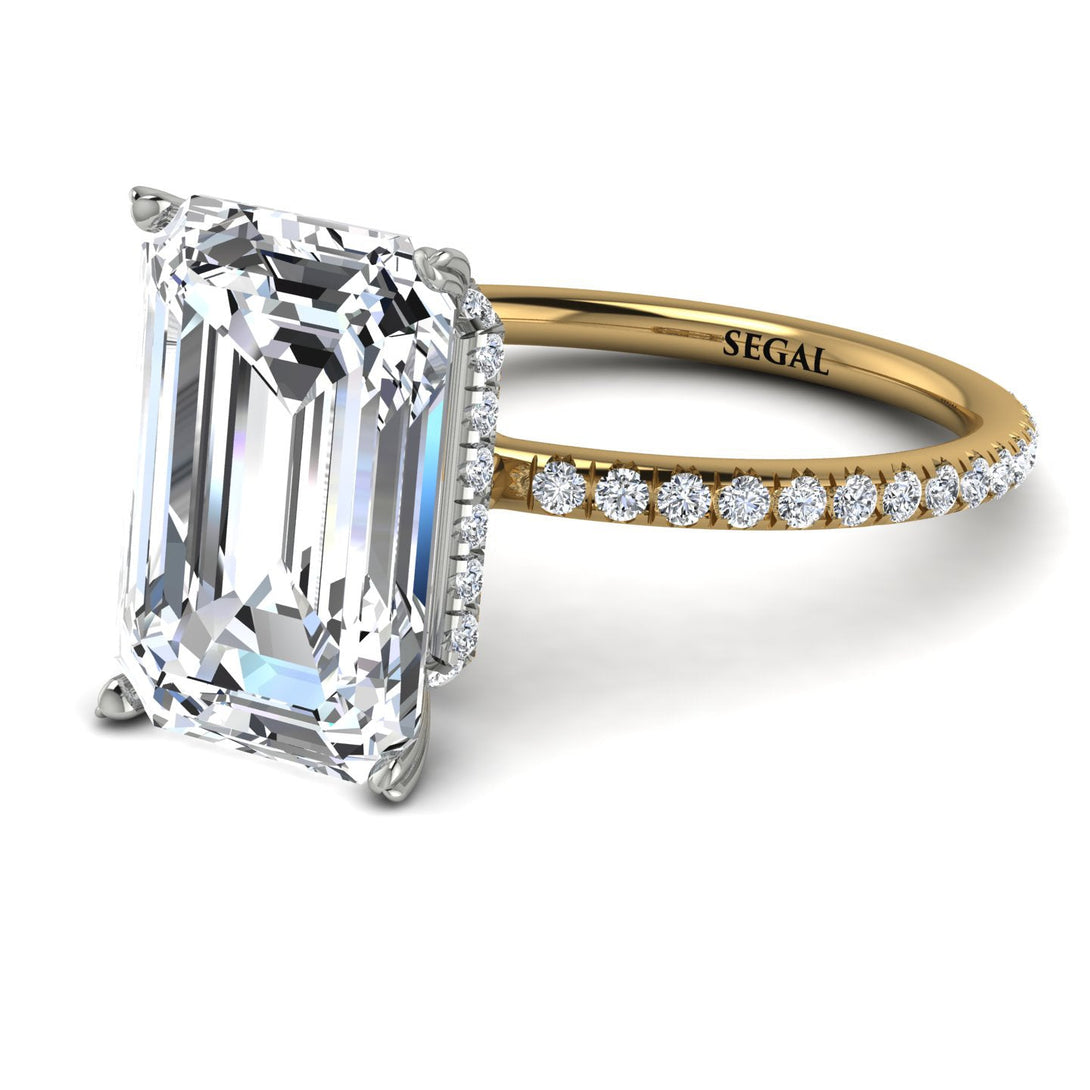 Two Tones Hidden Halo Emerald Cut Diamond Engagement Ring - Melodi No. 77