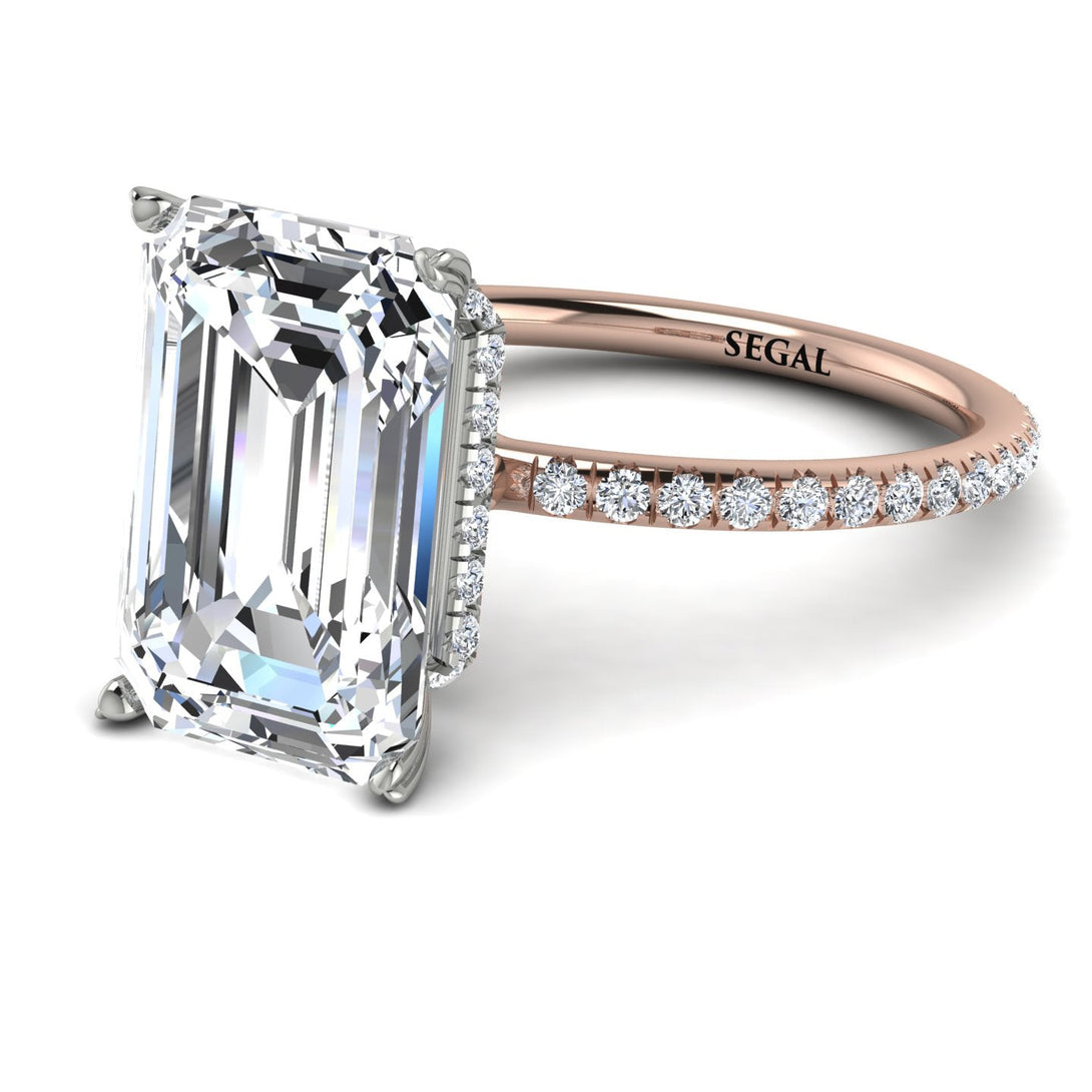 Two Tones Hidden Halo Emerald Cut Diamond Engagement Ring - Melodi No. 78