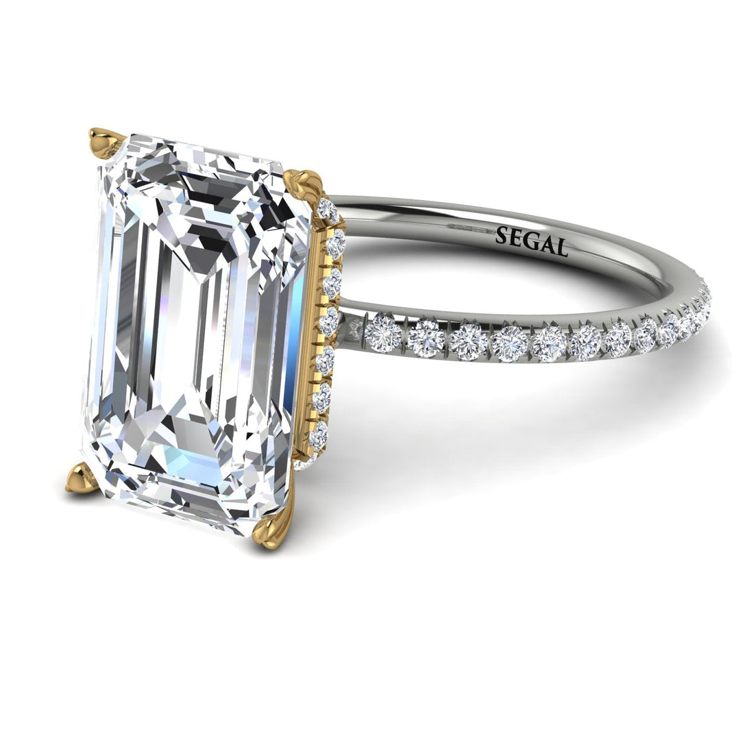 Two Tones Hidden Halo Emerald Cut Diamond Engagement Ring - Melodi No. 77
