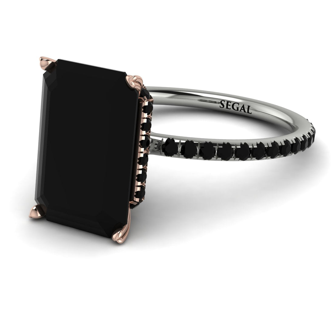 Two Tones Hidden Halo Emerald Cut Black Diamond Engagement Ring - Melodi No. 81