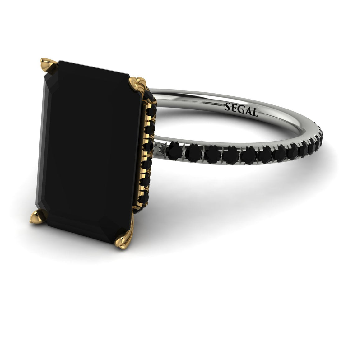 Two Tones Hidden Halo Emerald Cut Black Diamond Engagement Ring - Melodi No. 80