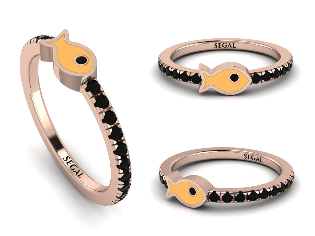 Elegant Enamel Fish Black Diamond Ring - Fish No. 8