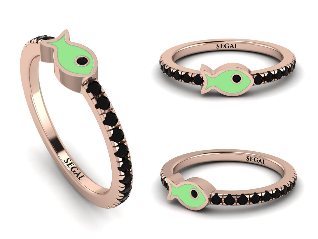Elegant Enamel Fish Black Diamond Ring - Fish No. 8