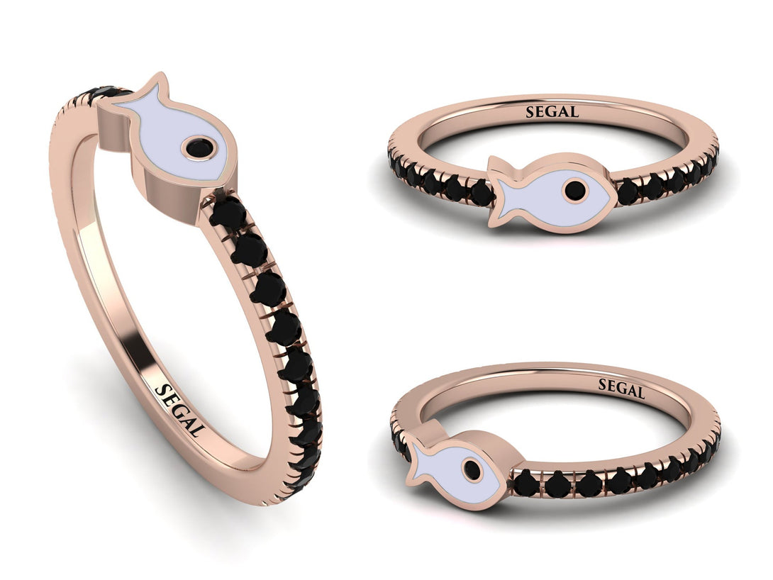 Elegant Enamel Fish Black Diamond Ring - Fish No. 8