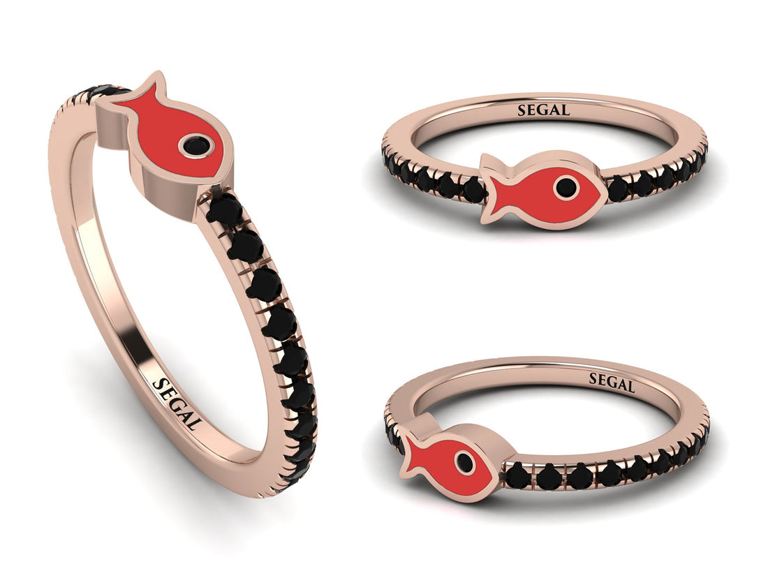 Elegant Enamel Fish Black Diamond Ring - Fish No. 8