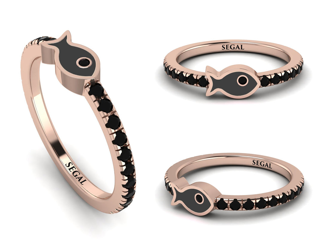 Elegant Enamel Fish Black Diamond Ring - Fish No. 8