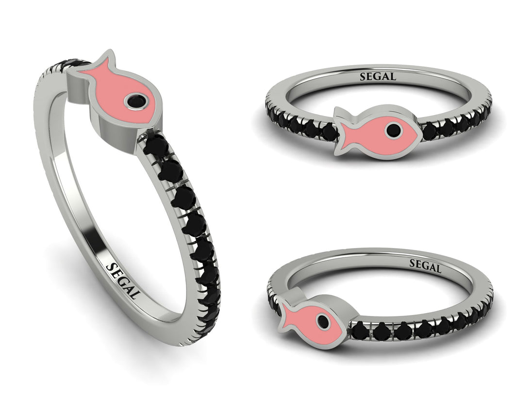 Elegant Enamel Fish Black Diamond Ring - Fish No. 9
