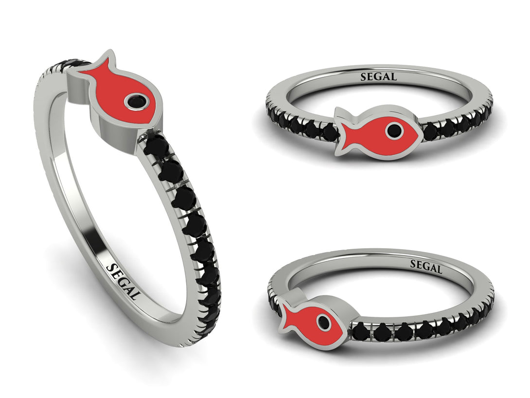 Elegant Enamel Fish Black Diamond Ring - Fish No. 9