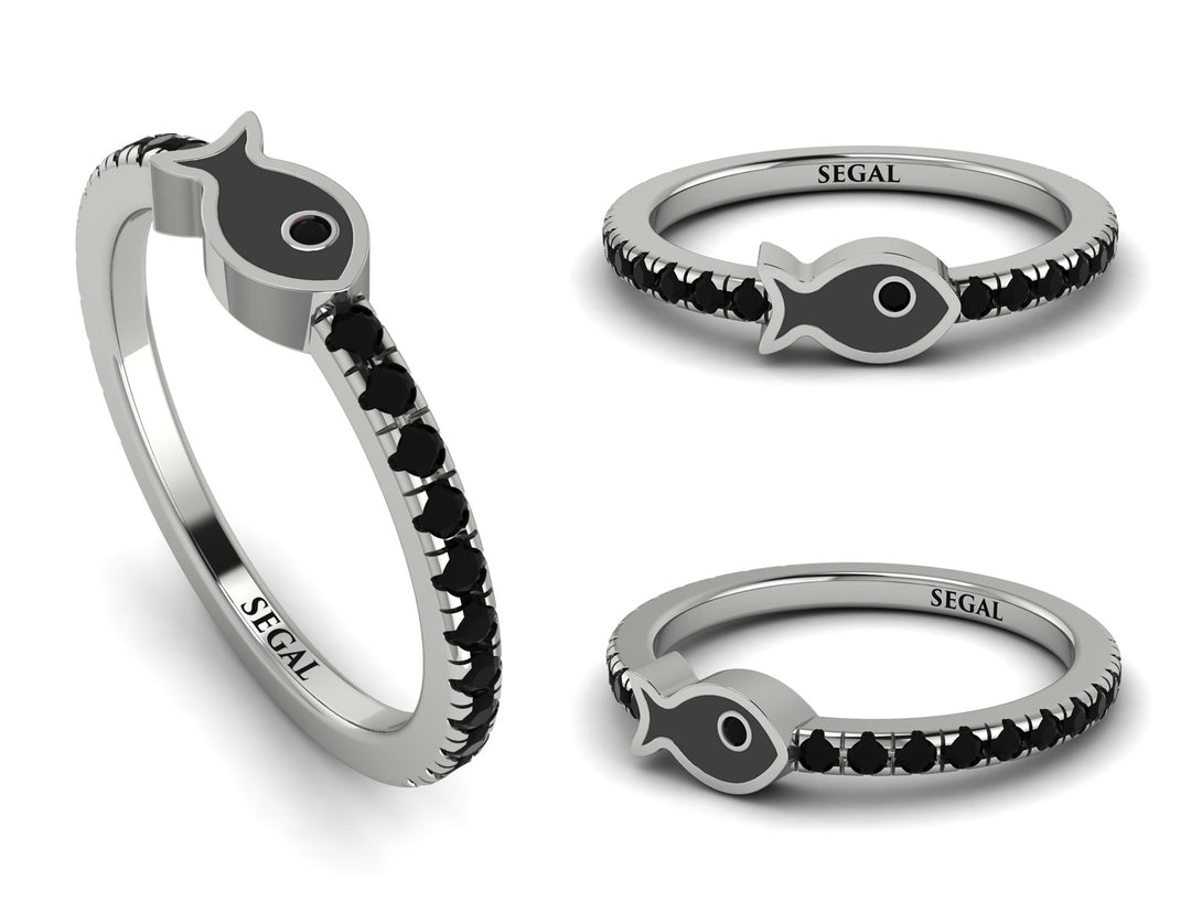 Elegant Enamel Fish Black Diamond Ring - Fish No. 9