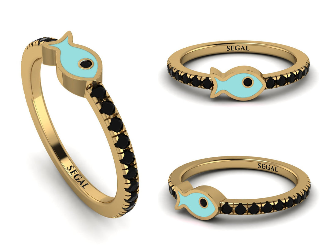 Elegant Enamel Fish Black Diamond Ring - Fish No. 7