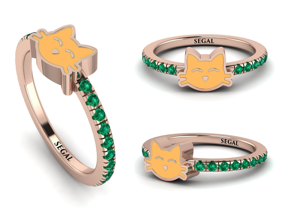 Elegant Enamel Cat Emerald Ring - Cat No. 5
