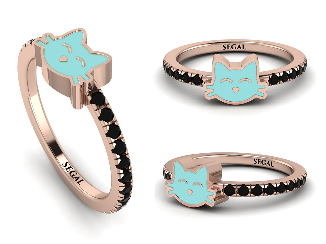 Elegant Enamel Cat Black Diamond Ring - Cat No. 8