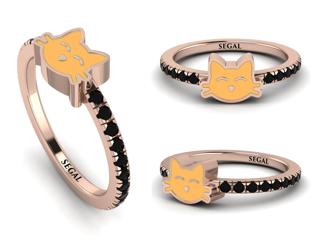 Elegant Enamel Cat Black Diamond Ring - Cat No. 8
