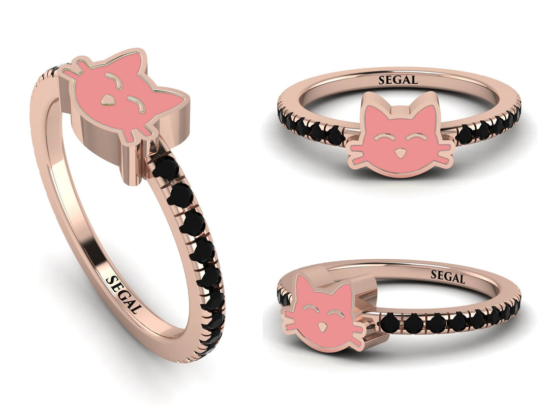 Elegant Enamel Cat Black Diamond Ring - Cat No. 8