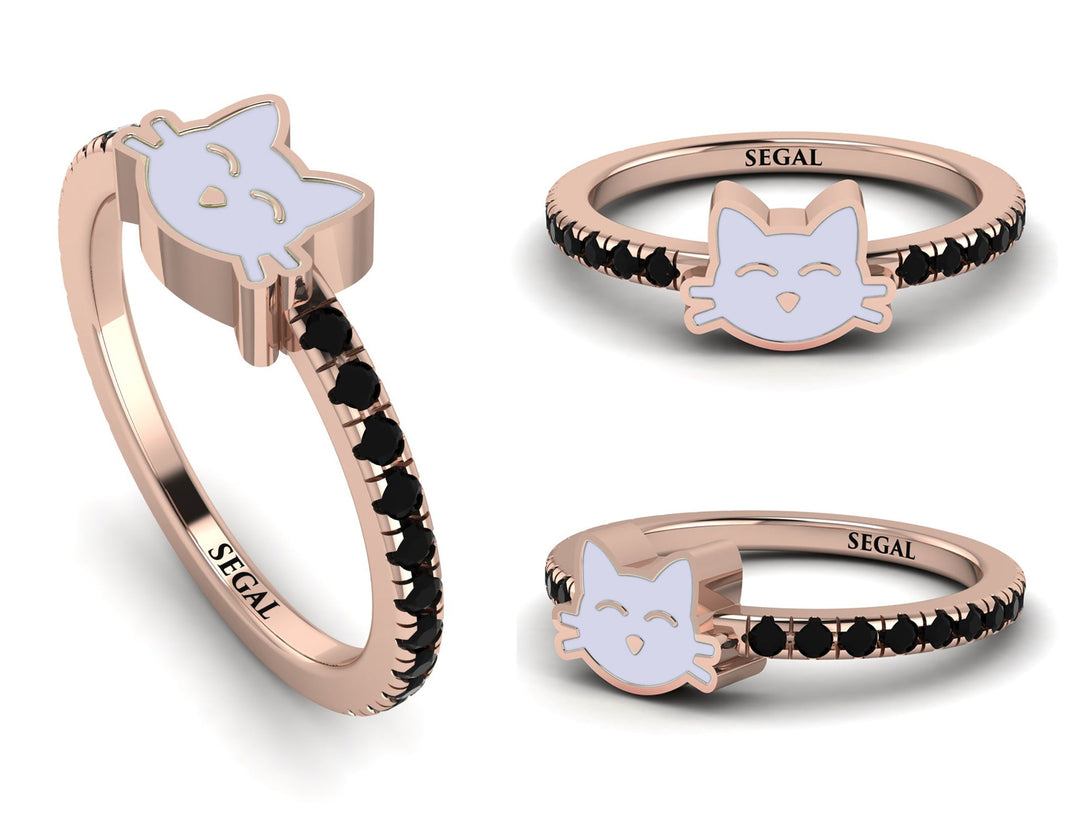 Elegant Enamel Cat Black Diamond Ring - Cat No. 8