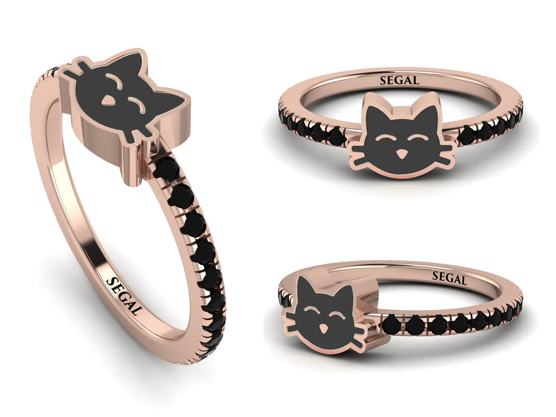 Elegant Enamel Cat Black Diamond Ring - Cat No. 8