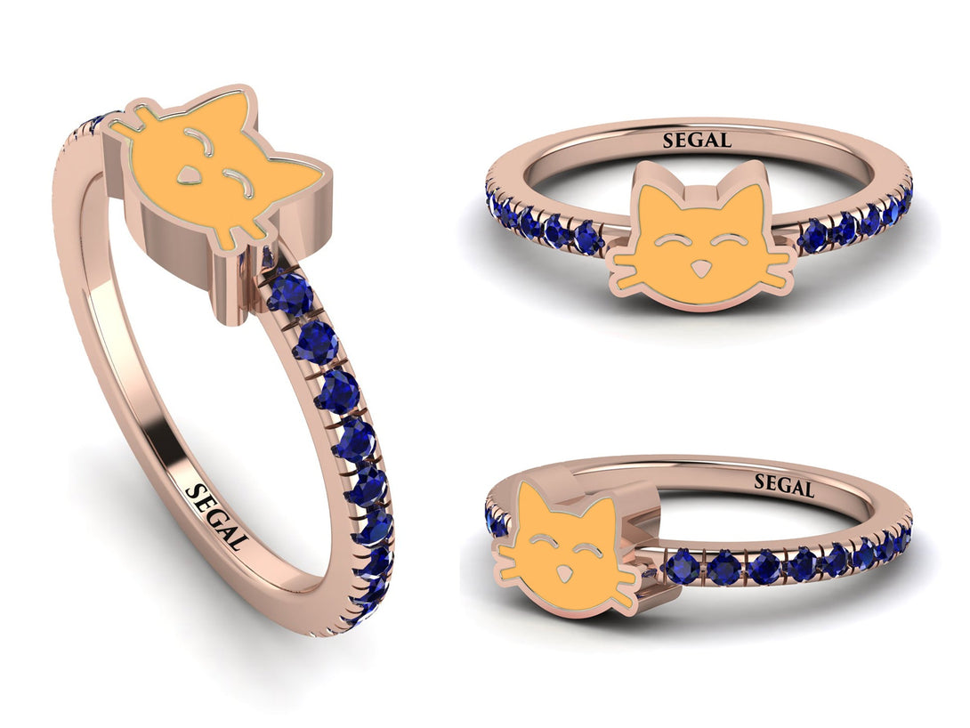 Elegant Enamel Cat Sapphire Ring - Cat No. 14