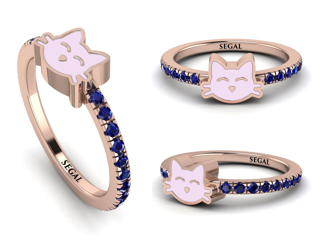 Elegant Enamel Cat Sapphire Ring - Cat No. 14